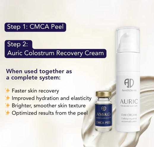 Post-peel skincare system featuring CMCA Peel and Auric Colostrum Recovery Cream for faster skin recovery, hydration, smoother texture, and improved peel results
